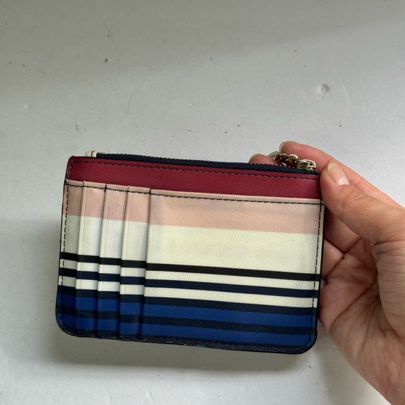 Kate Spade Laurel Way Bitsy Card Holder Zip Top w Keyring Blue Pink Stripe - Picture 3 of 10